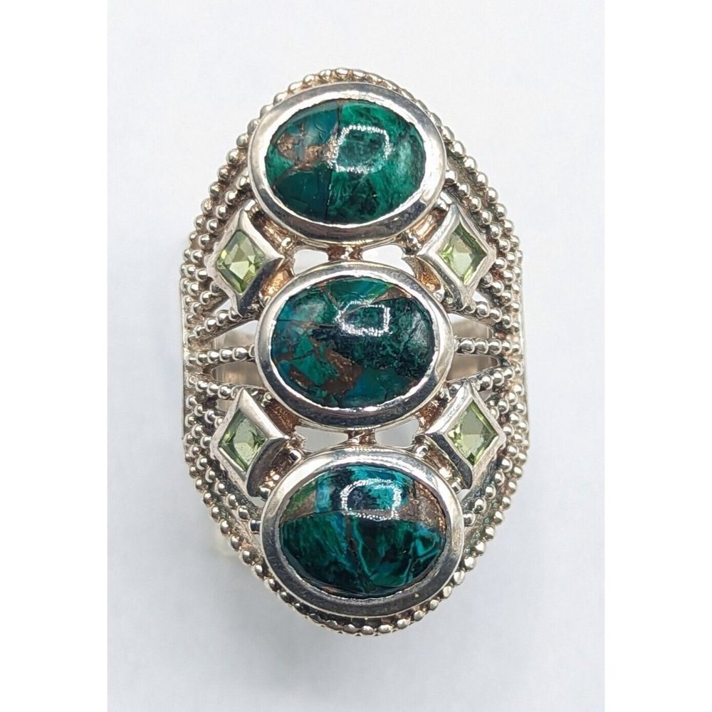 Himalayan Gems Sterling Silver Turquoise OR Chrysocolla Peridot Shield Ring Sz 7